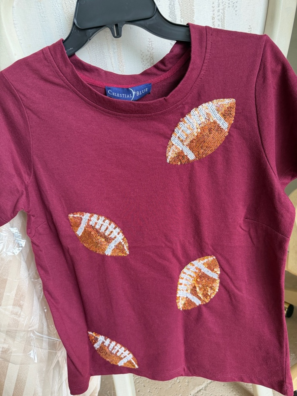 Girls' Burgundy Short-Sleeve Sequin Football Tee
